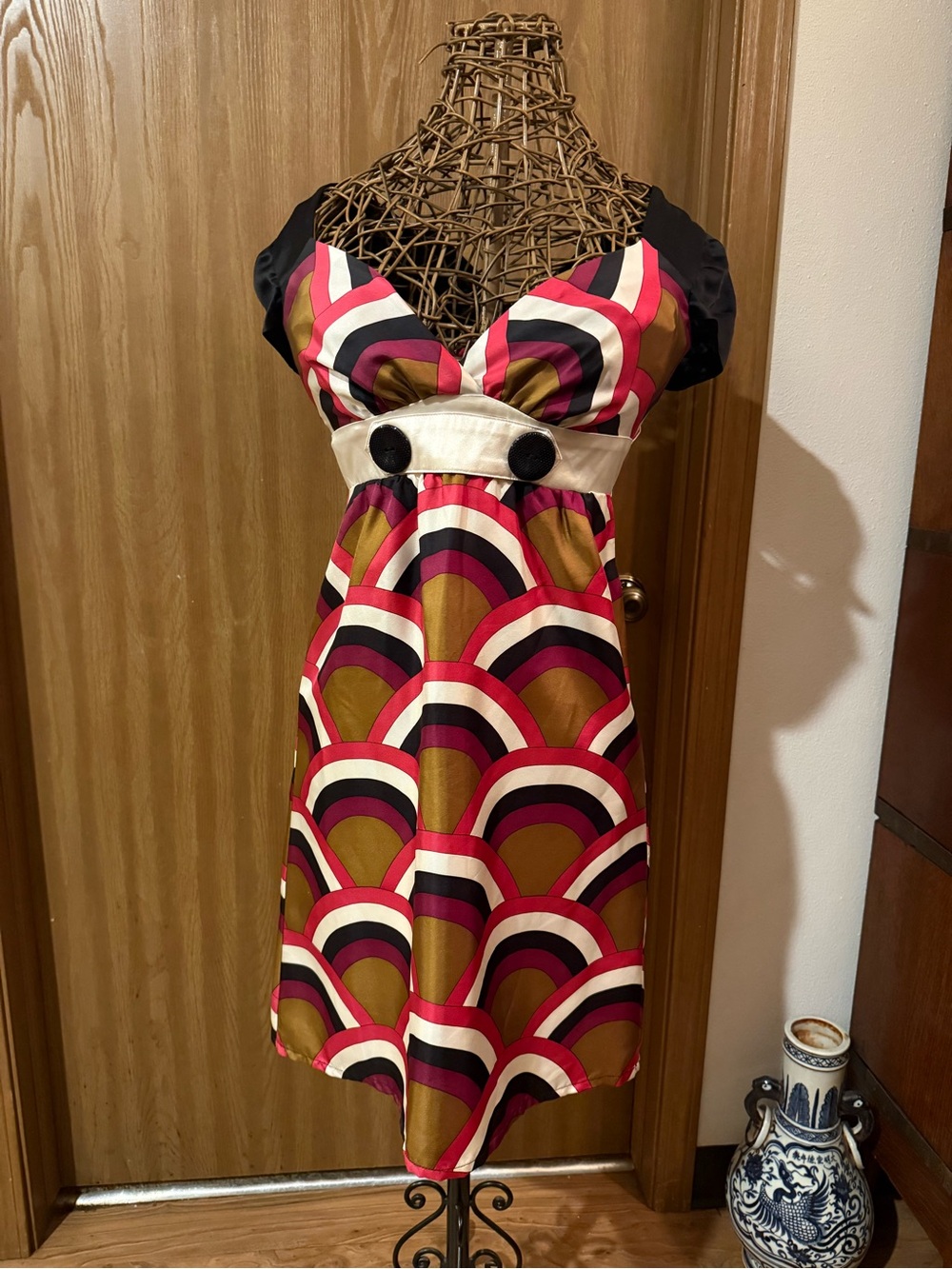 Voom by Joy Han Pink, Olive & Black Retro Print Midi Dress